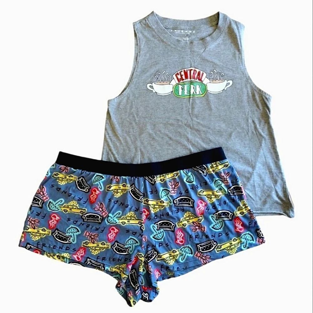 FRIENDS Y2K Grey Central Perk Printed Tank Top and Shorts PJ Set XL‎